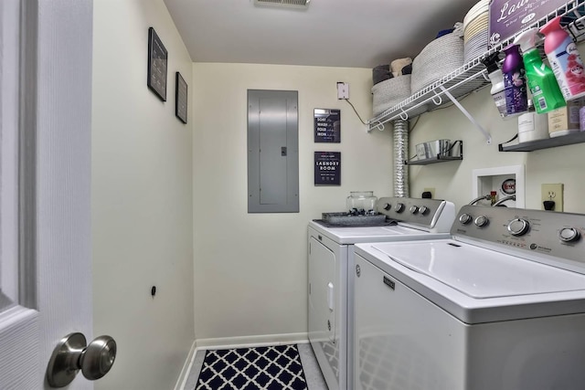 washroom featuring visible vents, washer and clothes dryer, electric panel, baseboards, and laundry area