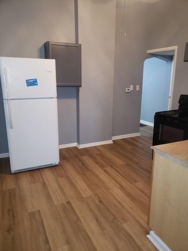 kitchen featuring electric range, baseboards, wood finished floors, and freestanding refrigerator