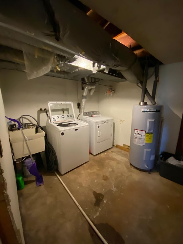 unfinished basement with independent washer and dryer, electric water heater, and a sink