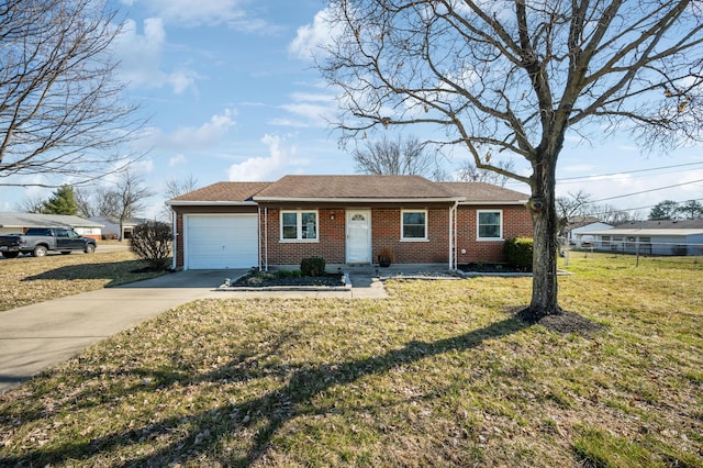 single story home with brick siding, driveway, a front yard, and a garage