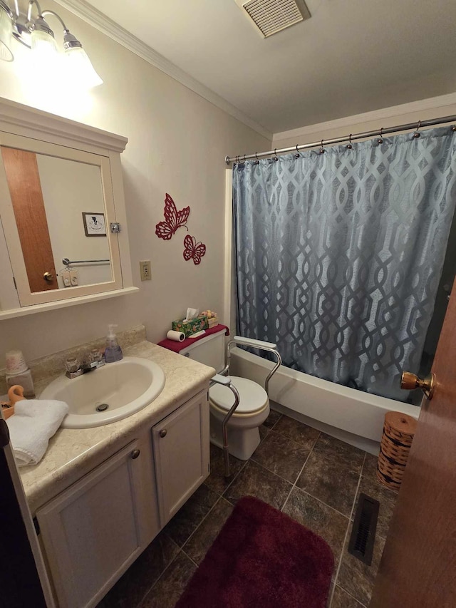 full bath with visible vents, vanity, crown molding, and shower / tub combo with curtain