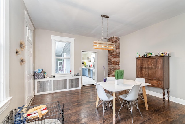 dining room with baseboards and dark wood-type flooring