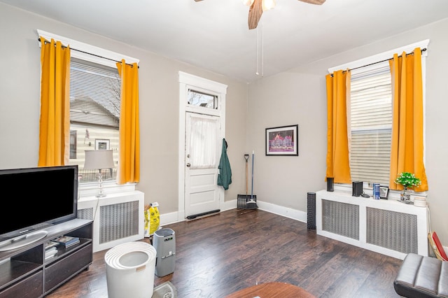 interior space featuring baseboards, radiator, wood finished floors, and a ceiling fan