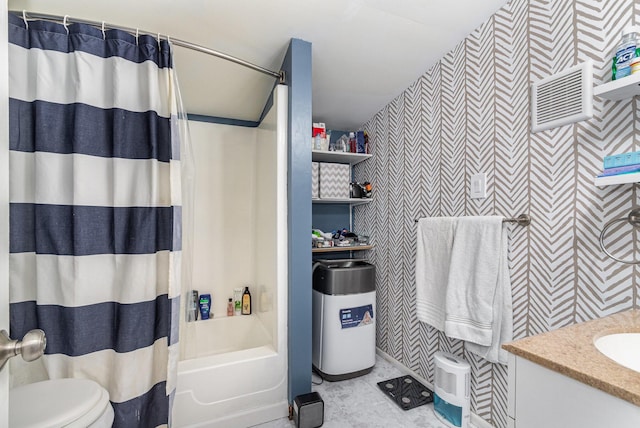 full bath with vanity, toilet, tile patterned flooring, and shower / tub combo with curtain