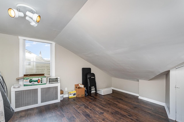 additional living space with baseboards, lofted ceiling, and wood finished floors