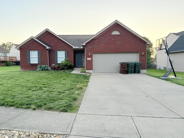 single story home featuring brick siding, a front yard, and a garage