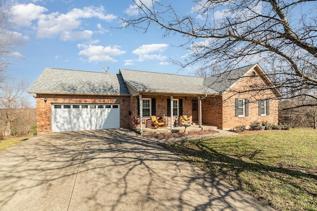 ranch-style house with a front yard, an attached garage, driveway, and roof with shingles