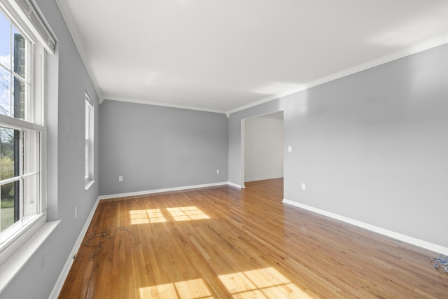 spare room featuring light wood-type flooring, baseboards, and ornamental molding