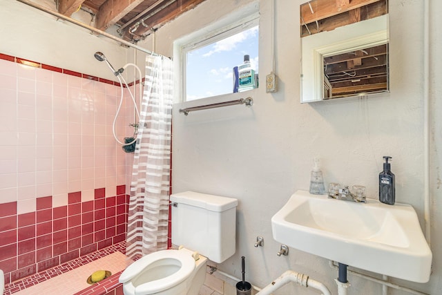 bathroom featuring a shower stall, toilet, and a sink