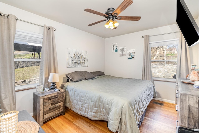 bedroom with a ceiling fan, baseboards, visible vents, and light wood finished floors