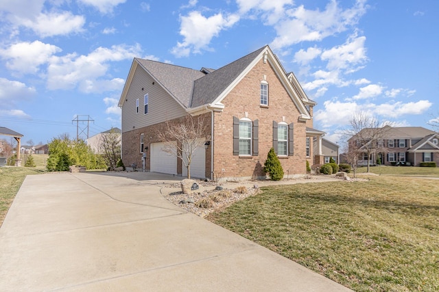 view of home's exterior with a garage, brick siding, concrete driveway, and a lawn