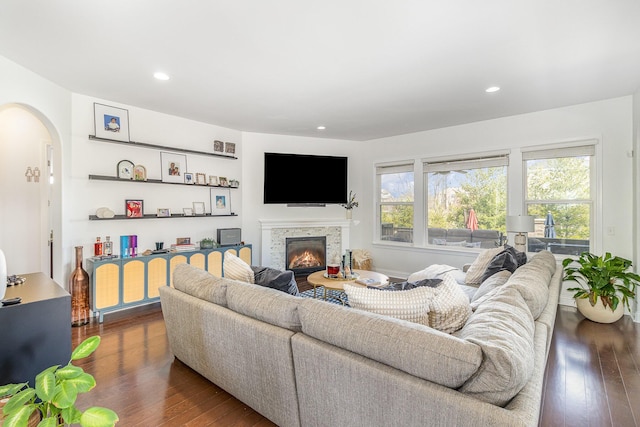 living area featuring dark wood finished floors, plenty of natural light, and arched walkways