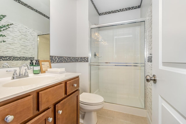 bathroom with tile patterned flooring, a stall shower, toilet, and vanity