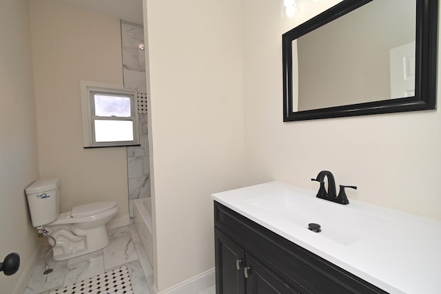 bathroom with baseboards, walk in shower, toilet, marble finish floor, and vanity