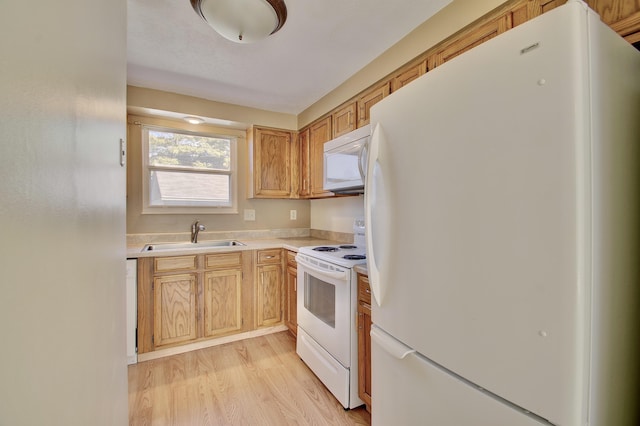 kitchen with light wood finished floors, white appliances, light countertops, and a sink