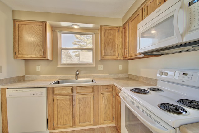 kitchen featuring a sink, white appliances, and light countertops