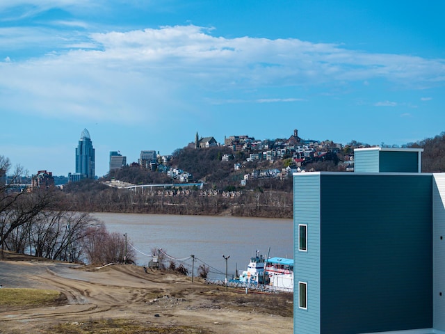 view of water feature with a city view