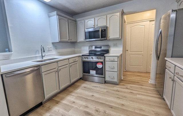 kitchen featuring a sink, gray cabinetry, light countertops, stainless steel appliances, and light wood-type flooring