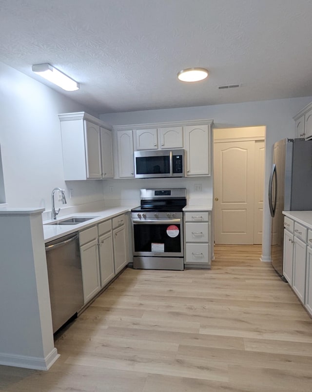 kitchen featuring light countertops, light wood-style flooring, appliances with stainless steel finishes, and a sink