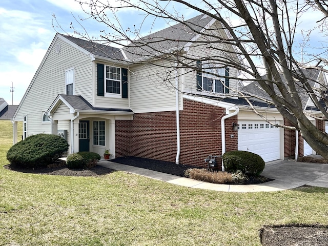 view of front of home with a front yard, driveway, roof with shingles, a garage, and brick siding