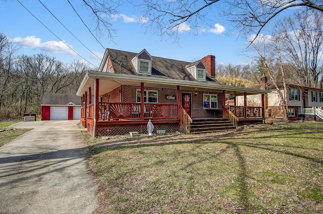 view of front facade with brick siding, a porch, a front yard, a chimney, and an outdoor structure