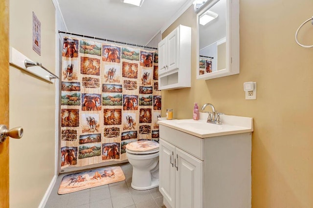 full bath featuring a shower with shower curtain, toilet, vanity, and tile patterned flooring