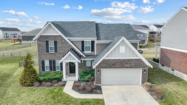 view of front of home featuring brick siding, roof with shingles, board and batten siding, and a front yard