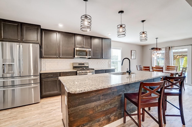 kitchen with light wood-type flooring, a sink, appliances with stainless steel finishes, decorative backsplash, and a healthy amount of sunlight