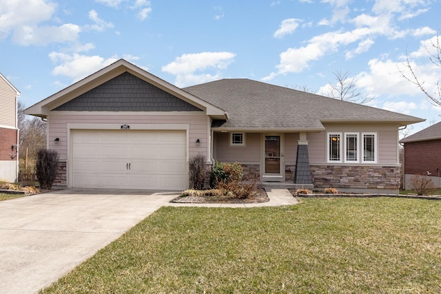 ranch-style house with concrete driveway, a front yard, roof with shingles, a garage, and stone siding