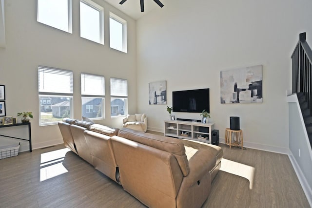 living area with a wealth of natural light, baseboards, and wood finished floors