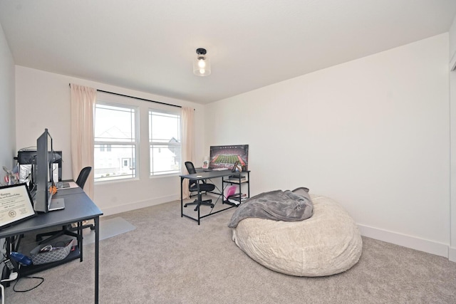 office space featuring baseboards and light colored carpet