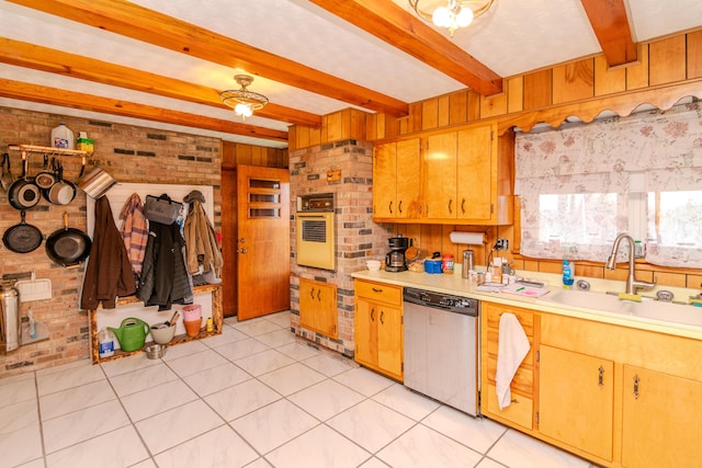kitchen with brick wall, oven, dishwasher, light countertops, and a sink
