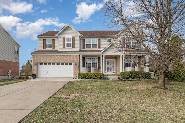 traditional-style house with a porch, concrete driveway, a front yard, an attached garage, and brick siding