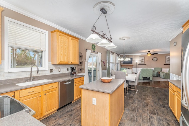 kitchen with a sink, dark wood-type flooring, dishwasher, open floor plan, and a center island