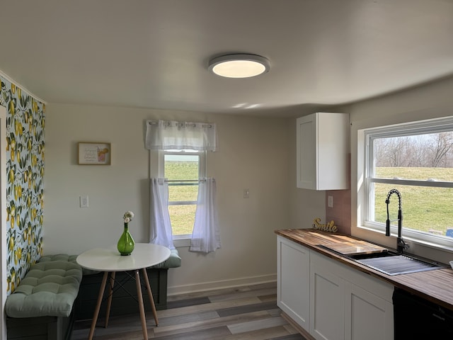 kitchen with dishwasher, a healthy amount of sunlight, light wood-style floors, and butcher block countertops