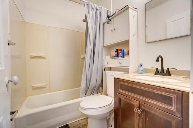 bathroom featuring vanity, shower / bath combination with curtain, and toilet