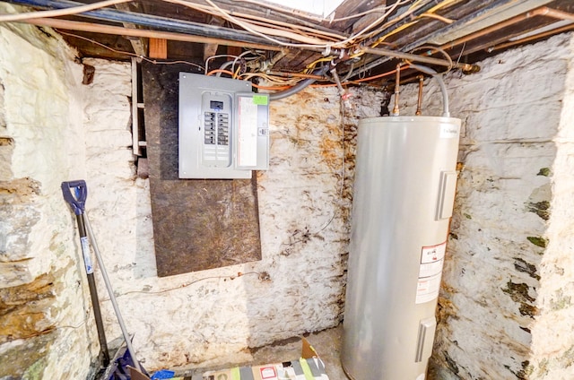 utility room with electric panel and electric water heater