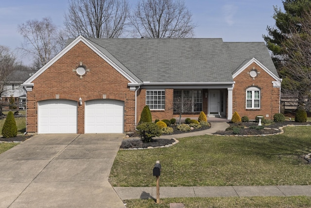 view of front facade featuring driveway, brick siding, an attached garage, and a front yard