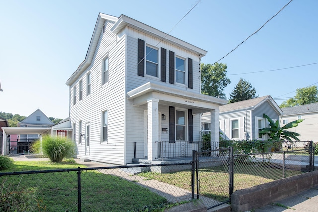 view of front of house featuring a fenced front yard, a porch, a front yard, and a gate