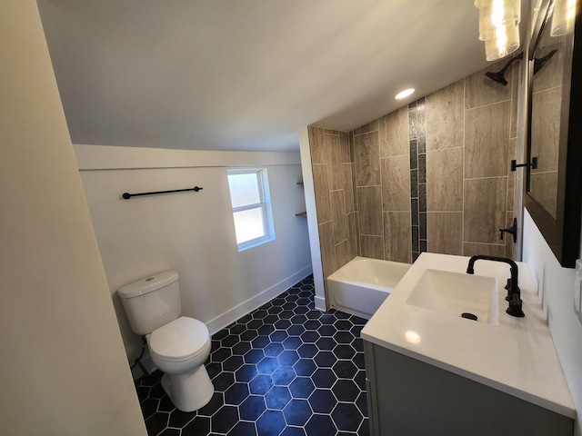 full bathroom featuring toilet, lofted ceiling, tile patterned flooring, baseboards, and vanity