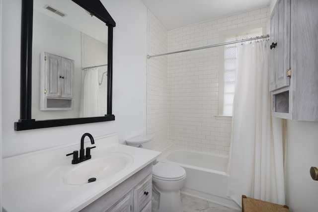 full bathroom featuring visible vents, shower / bathtub combination with curtain, toilet, and vanity