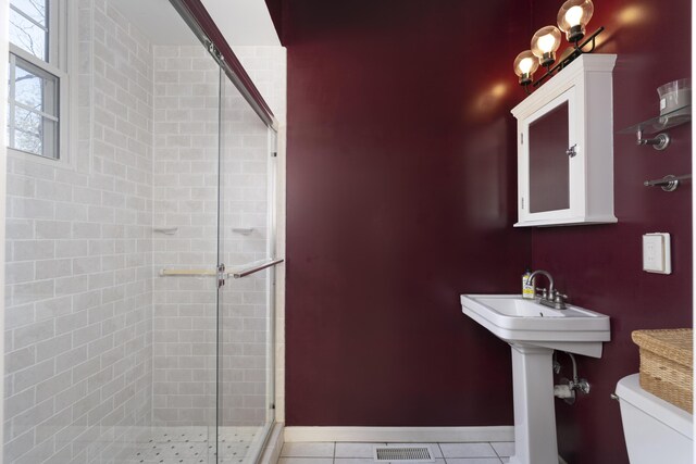 full bath with tile patterned flooring, visible vents, a shower stall, baseboards, and toilet