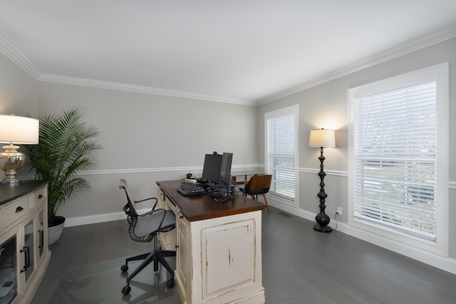 office space featuring visible vents, crown molding, baseboards, and dark wood-style flooring