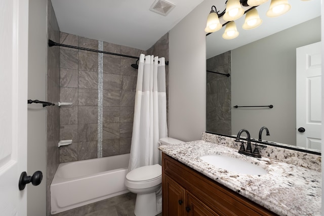 bathroom with visible vents, toilet, vanity, and shower / bath combination with curtain