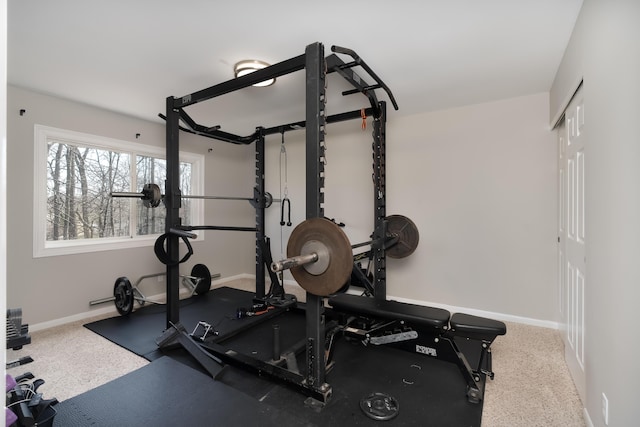 exercise area featuring baseboards and carpet flooring