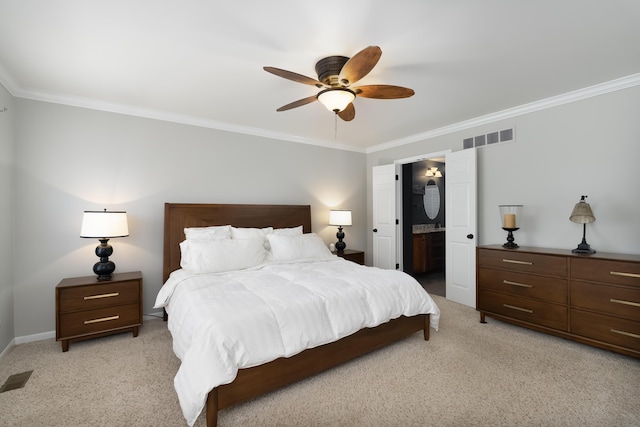 bedroom with light colored carpet, visible vents, and ornamental molding