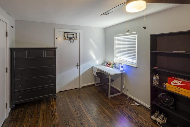 interior space with ceiling fan, baseboards, and wood finished floors