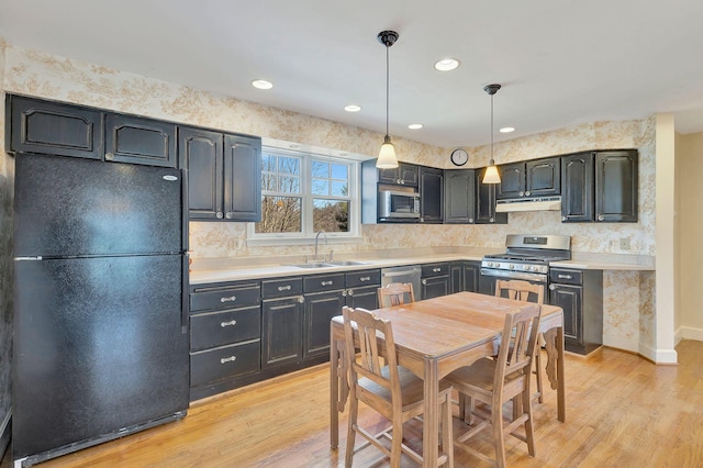 kitchen with a sink, light wood-style flooring, under cabinet range hood, and stainless steel appliances