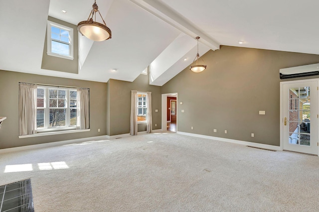 unfurnished living room featuring beamed ceiling, high vaulted ceiling, an AC wall unit, carpet, and baseboards