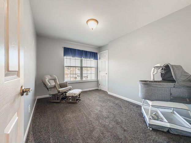 sitting room with baseboards and carpet floors